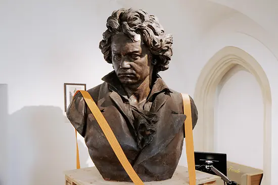 Beethoven Museum, interior shot, bust of Beethoven on pallets