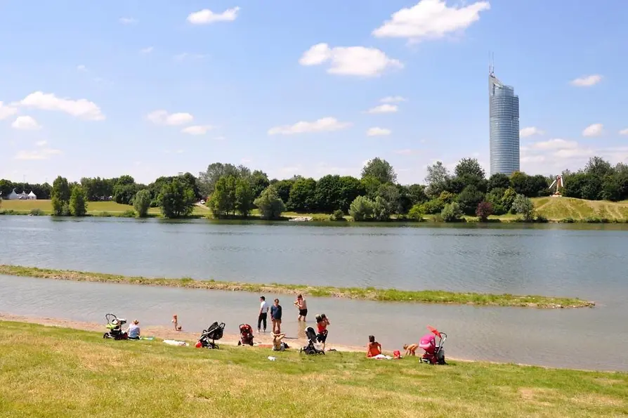 Niños bañándose en la playa familiar de la Isla del Danubio