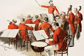 Le directeur musical du bal de la Cour Johann Strauss fils et son orchestre, dessin de Theo Zasche