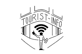 Illustration: Mann vor Tourist-Info. Kopf als Teil des W-Lan-Symbols