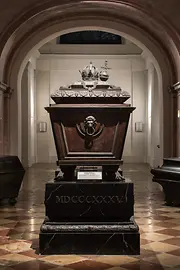 Caskets in hall, casket with crown and orb