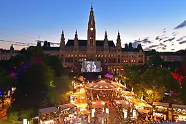 Impression of the Music Film Festival from above at nightfall.