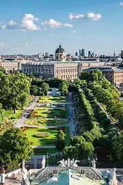 View of the Volksgarten, the Natural History and Art History Museums and the Parliament