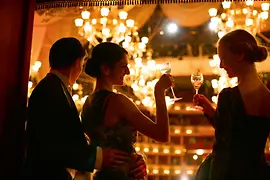 Dos mujeres brindan en un palco del Baile de la Ópera