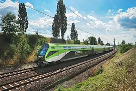 Green and white moving train with trees in background