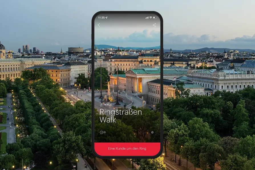 ivie Ringstrassen Walk: Mobiltelefon vor einem Panorama der Ringstraße