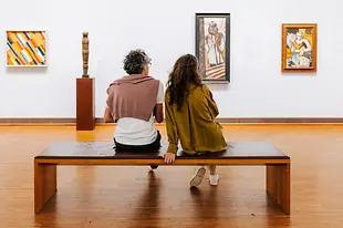 Visita al museo Albertina, dos personas sentadas en un banco mirando arte