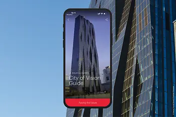 Advertising subject ivie city of the future guide with skyscraper