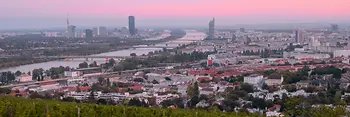 View of Vienna from the vineyards, sunset in the background