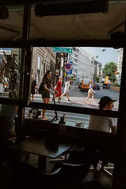 View from a restaurant out onto a street in the Freihausviertel