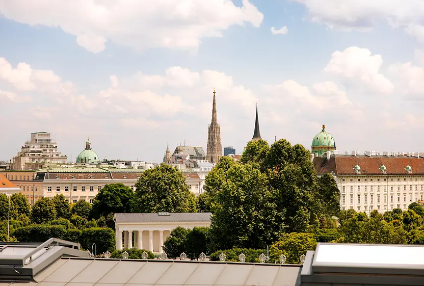 View over Vienna and St. Stephen's Cathedral from the terrace at the Parliament