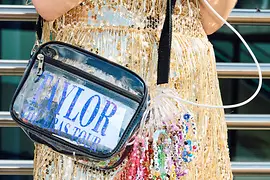 Fan at a Taylor Swift concert with a Taylor Swift bag, a gold glitter dress and bracelets