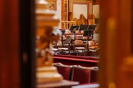 Musikverein Vienna, Golden Hall, view between two pillars onto the stage