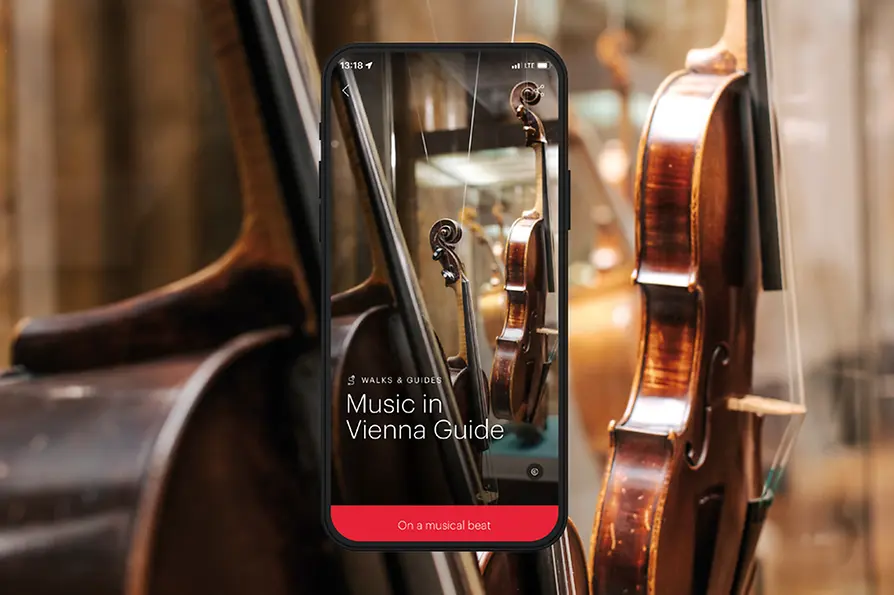 Sujet with string instruments for music in Vienna Guide in English