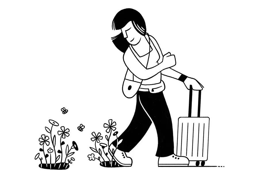 Illustration: Woman with rolling suitcase in a flower meadow