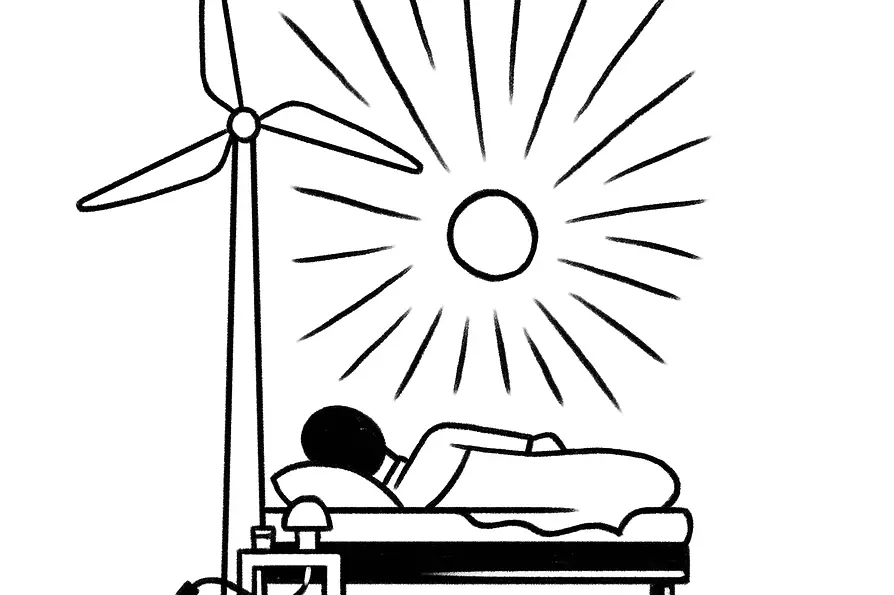 Illustration: Man sleeps in a bed, under the sun and a wind turbine