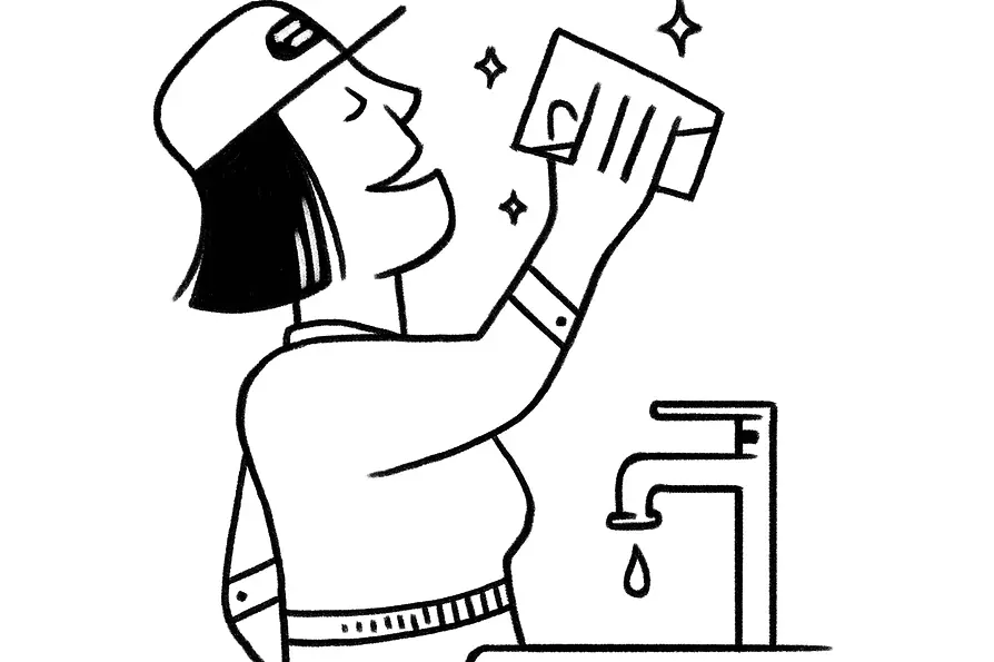 Illustration: Woman next to faucet drinking from a water glass